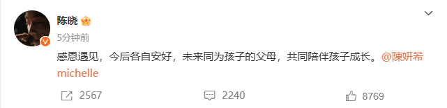 刚刚，陈晓和陈妍希宣布离婚！两人2016年结婚